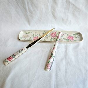 VTG Prima Otagiri Floral Porcelain Desk Tray, Letter Opener & Refillable Pen